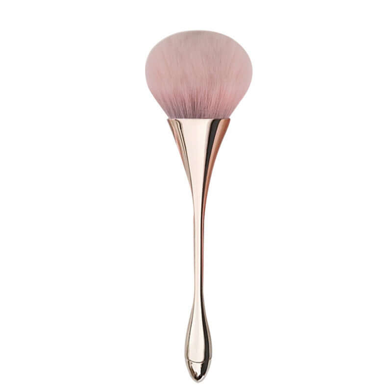Professional makeup brush with soft pink bristles and sleek rose gold handle for flawless application.