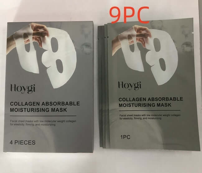 Hoygi collagen absorbable moisturizing mask packaging showing 4 pieces and 1 piece, ideal for skin elasticity and hydration.