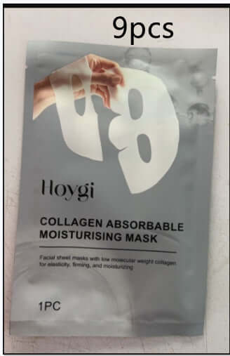 Hoygi collagen absorbable moisturizing mask packaging, includes 9 facial sheet masks for elasticity and moisturizing.