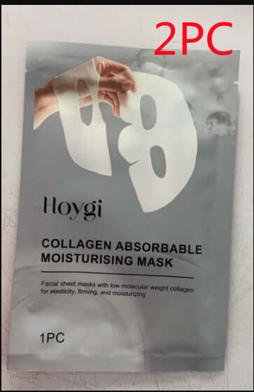 Hoygi collagen absorbable moisturizing mask packaging, 2 pieces, promoting elasticity and firming for facial care.