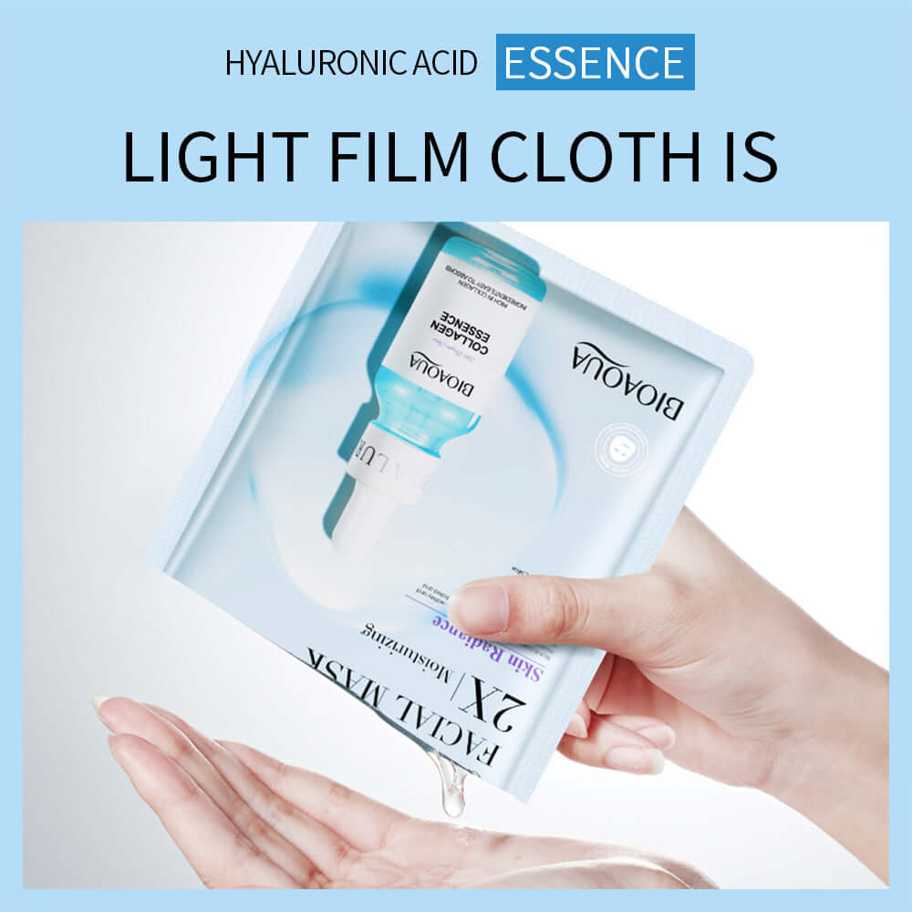 Hyaluronic acid essence face mask packaging displayed with a hand holding it, highlighting its moisturizing properties.