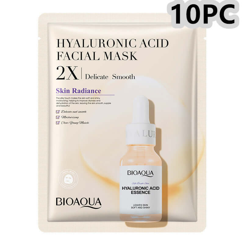 Hyaluronic Acid Facial Mask by BIOAQUA, pack of 10, designed for skin radiance and smoothness.