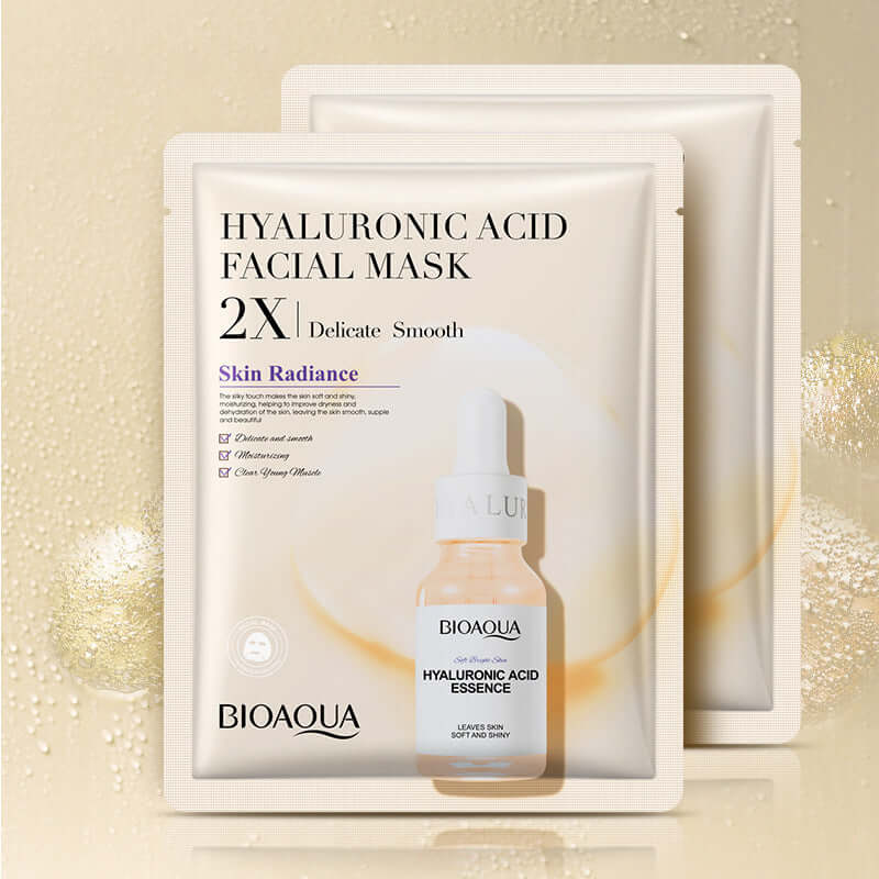 BIOAQUA Hyaluronic Acid Facial Mask packs for skin radiance and smoothness, featuring essence for hydration and care.