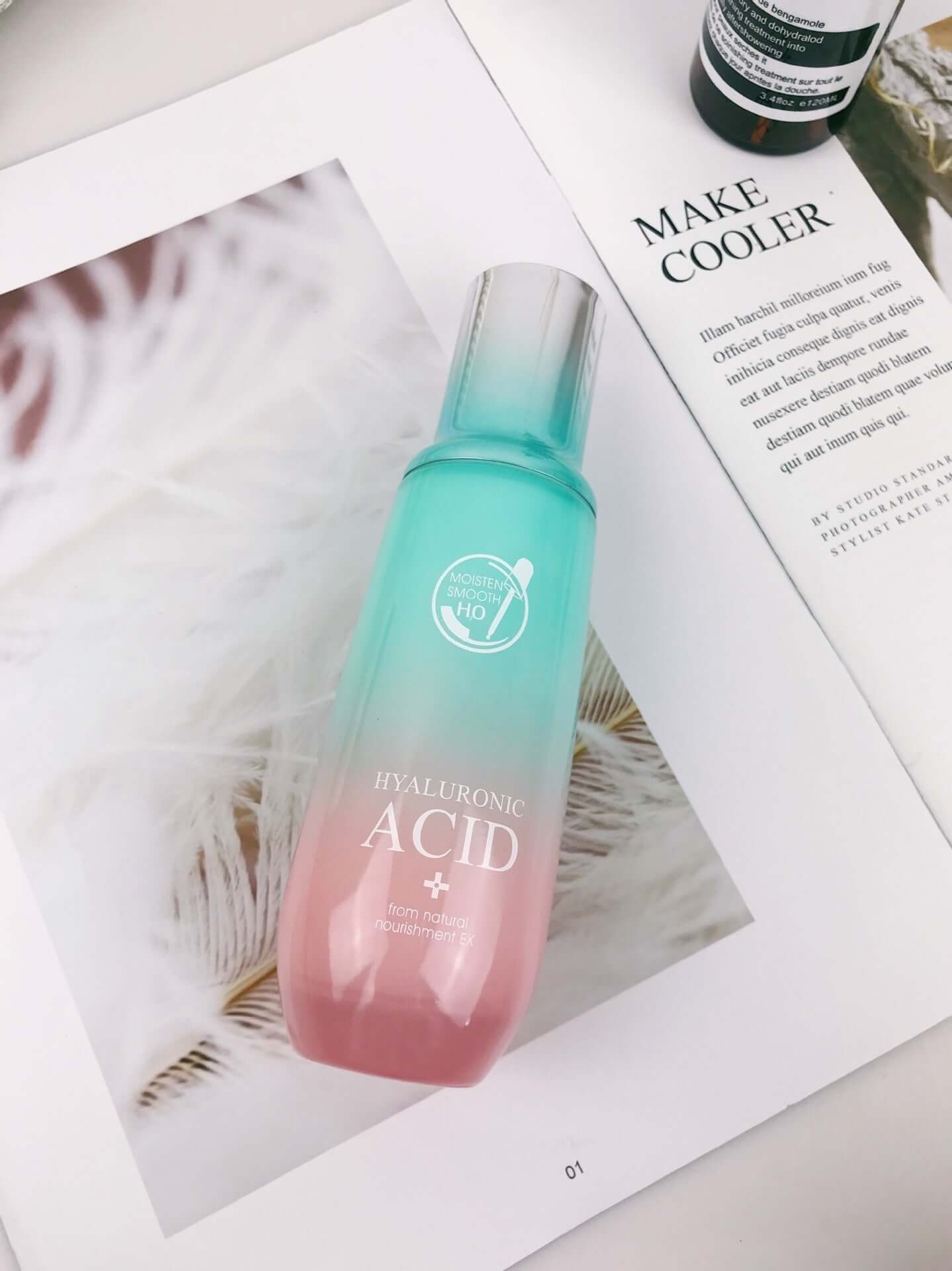 Hyaluronic Acid moisturizing facial care product on a magazine, ideal for hydration and skin nourishment.