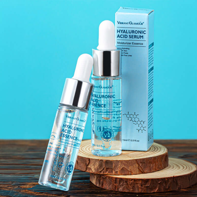 Hyaluronic Acid Serum from Vibrant Glamour with dropper and packaging for deep hydration and skin moisturization.