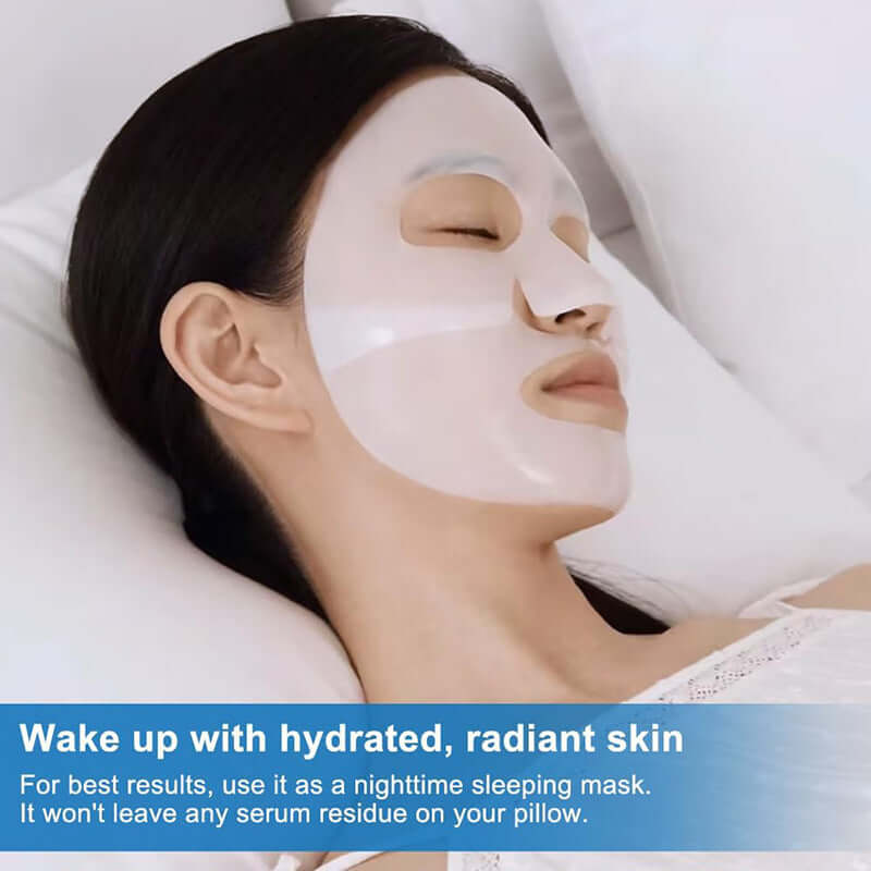 Woman using a collagen face mask for deep hydration and radiant skin, ideal for nighttime skincare.