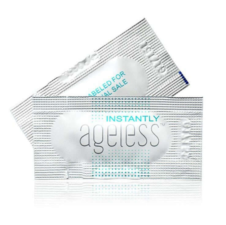 Instantly Ageless anti-aging cream sachets packaging for youthful skin rejuvenation and hydration.