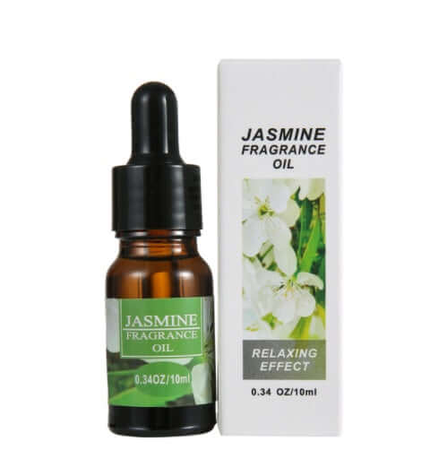 Jasmine fragrance oil bottle with relaxing effect for aromatherapy, 0.34 oz in an elegant package.