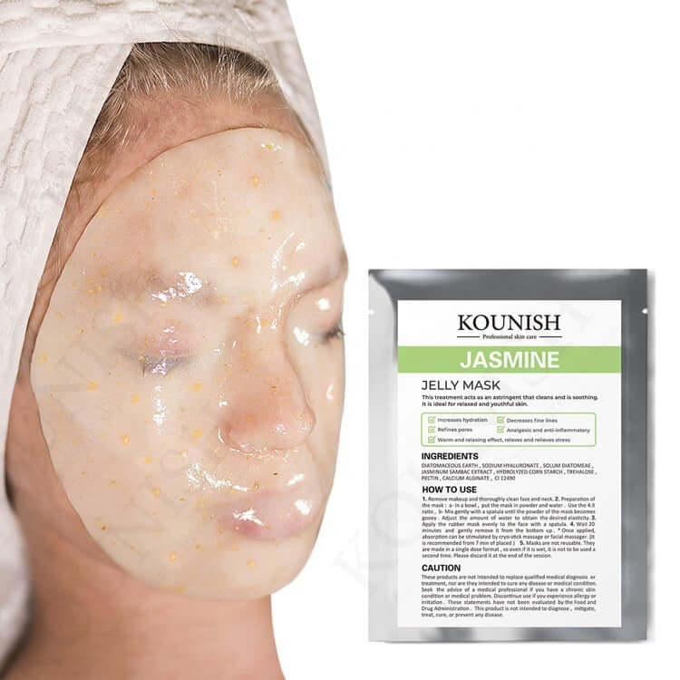 Close-up of a woman wearing a jasmine jelly mask with the product packaging beside her, showcasing hydration benefits.