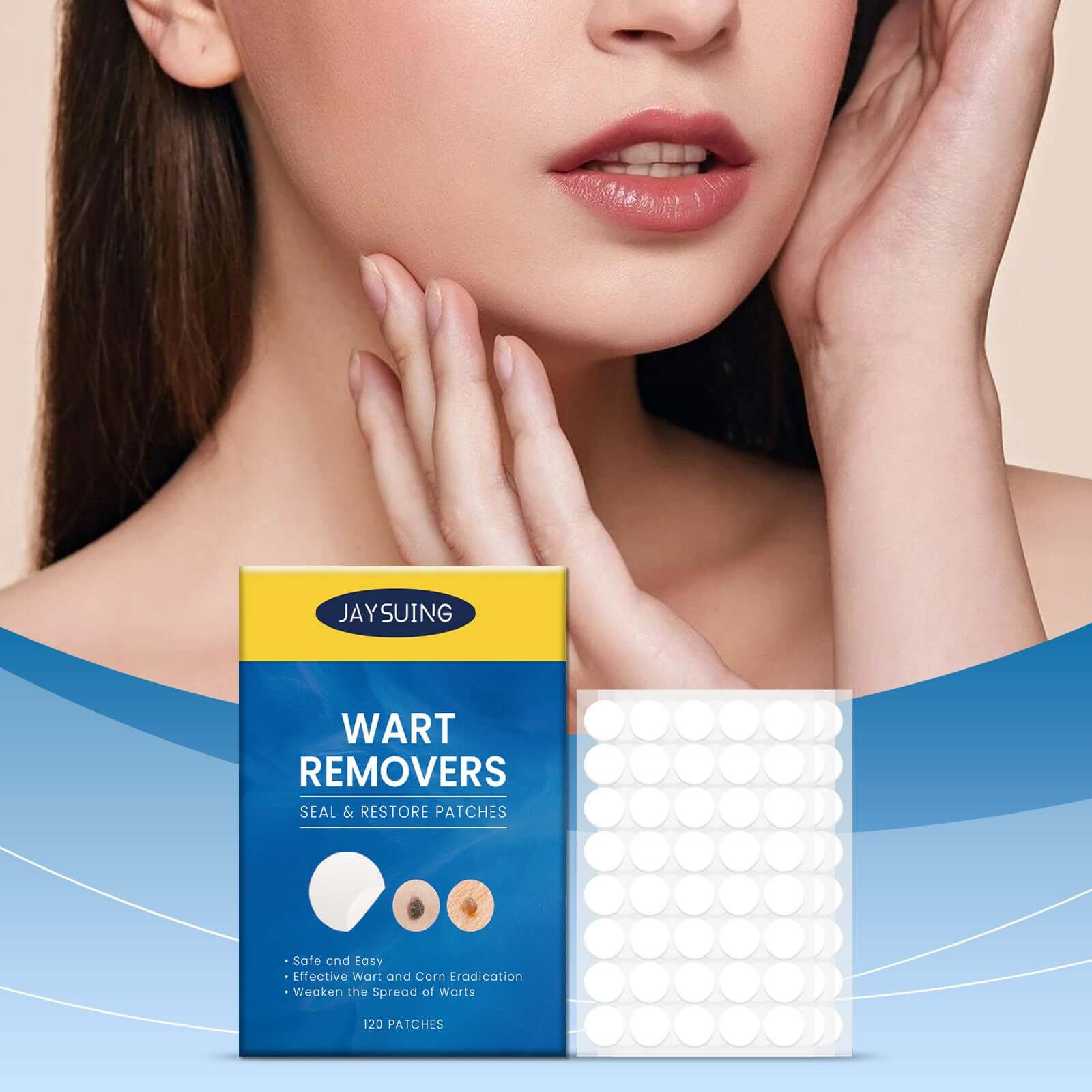 JAYSUING wart remover patches in a box with 120 patches, effective for sealing and restoring skin for body care.