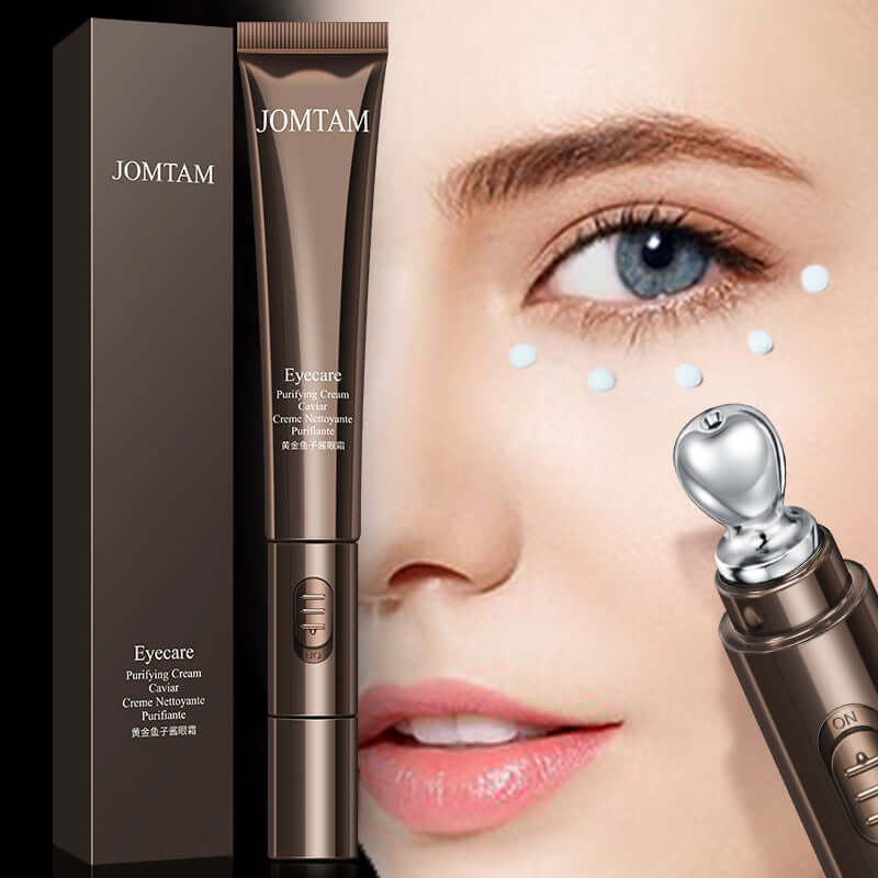 JOMTAM Eye Care Purifying Cream tube with model's close-up showing healthy skin and application technique.
