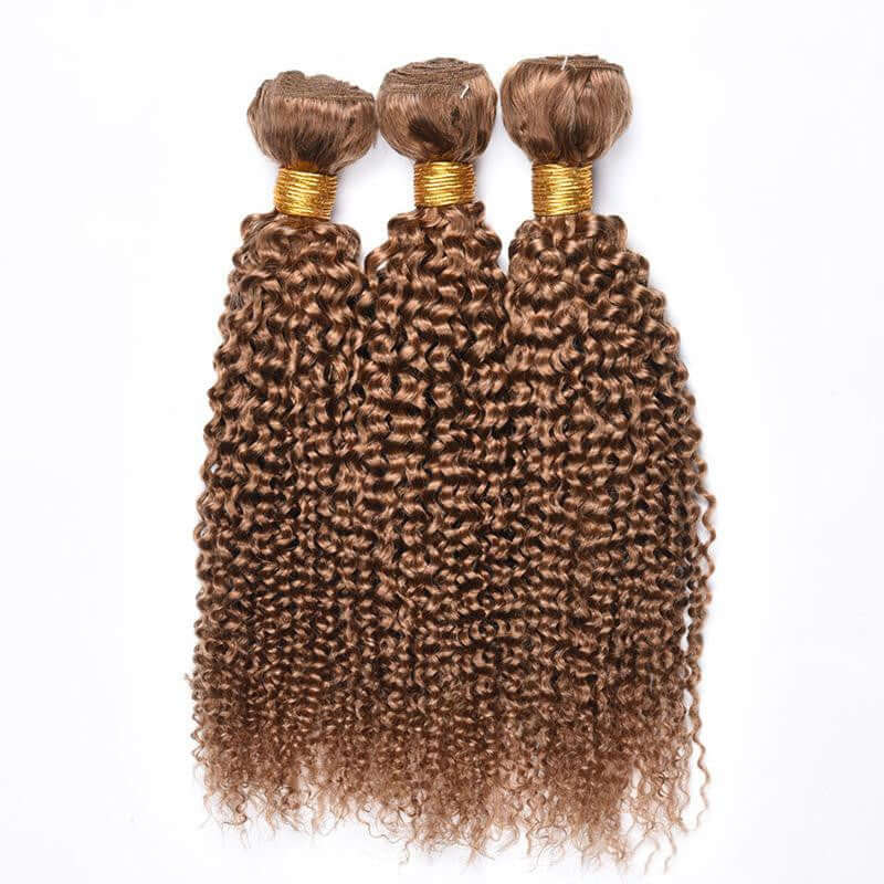 Kinky curly wave human hair bundles in a rich brown color, perfect for adding volume and style to any look.