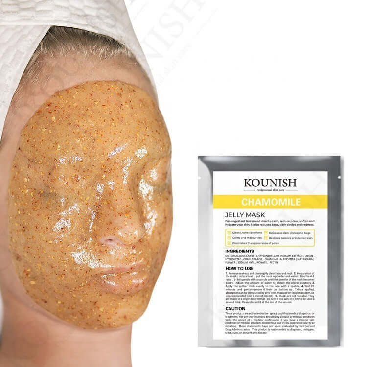 Chamomile jelly mask applied on a woman's face with product packaging beside her, promoting skincare benefits.