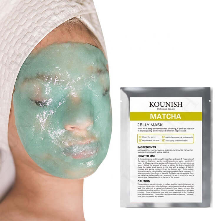 Kounish Matcha Jelly Mask applied on a woman's face, showcasing its hydrating and purifying effects.