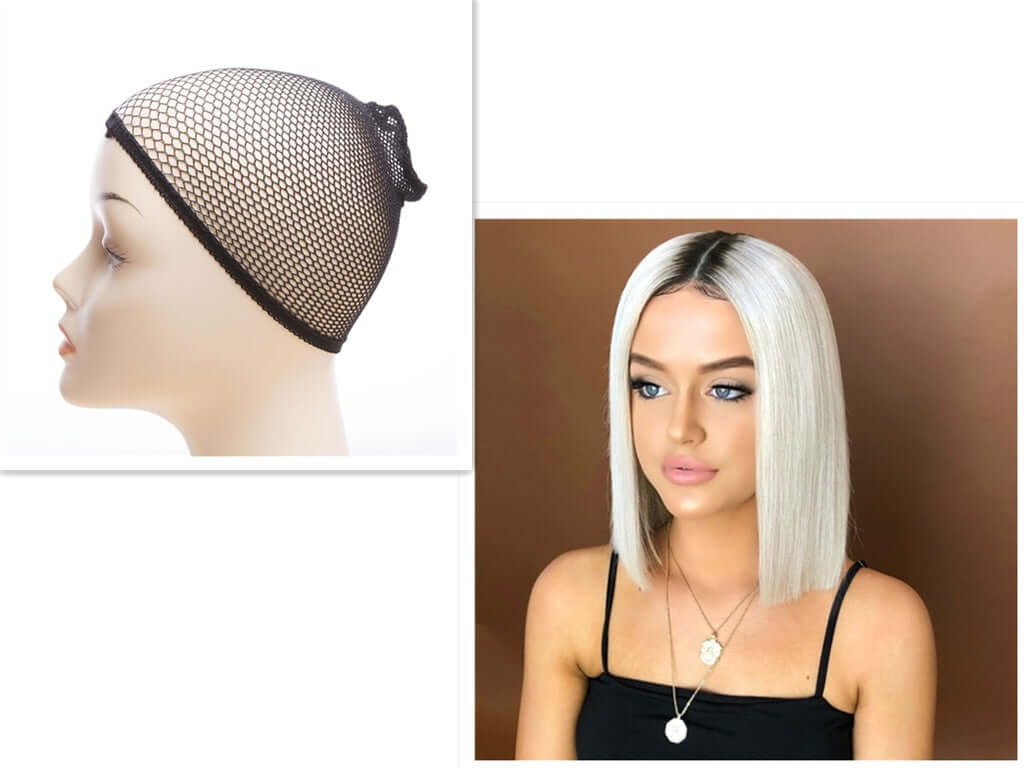 Ladies wig headgear including a black mesh cap and a model with sleek, straight blonde hair.