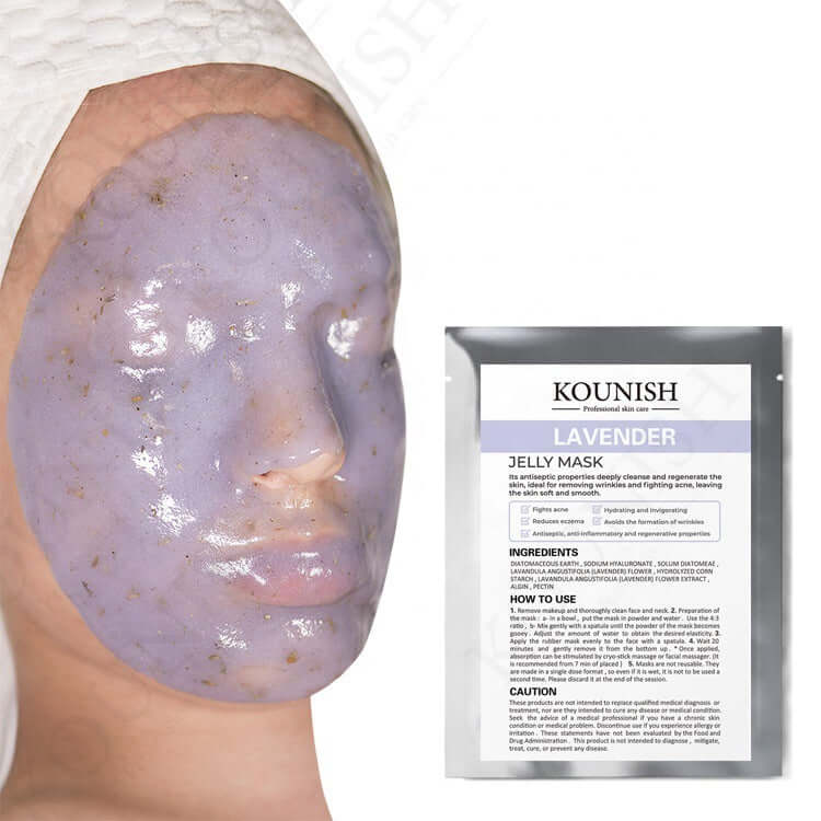 Model wearing lavender jelly mask from Kounish, showcasing hydrating skincare benefits.