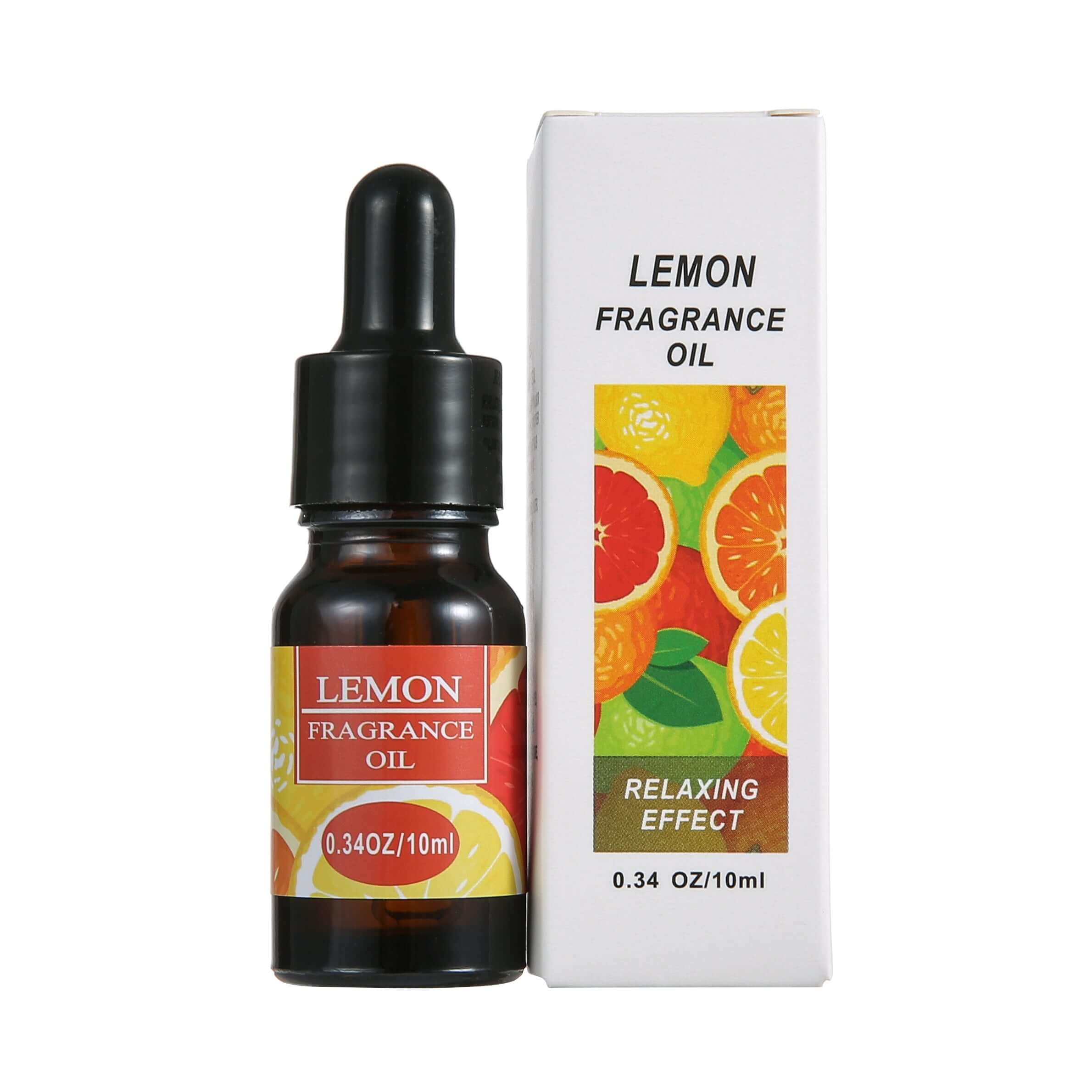 Lemon fragrance oil bottle with box, 10ml size, promoting relaxation and freshness for aromatherapy.