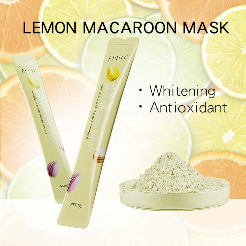 Lemon Macaroon Mask packaging and powder with citrus background, promotes whitening and antioxidant benefits.
