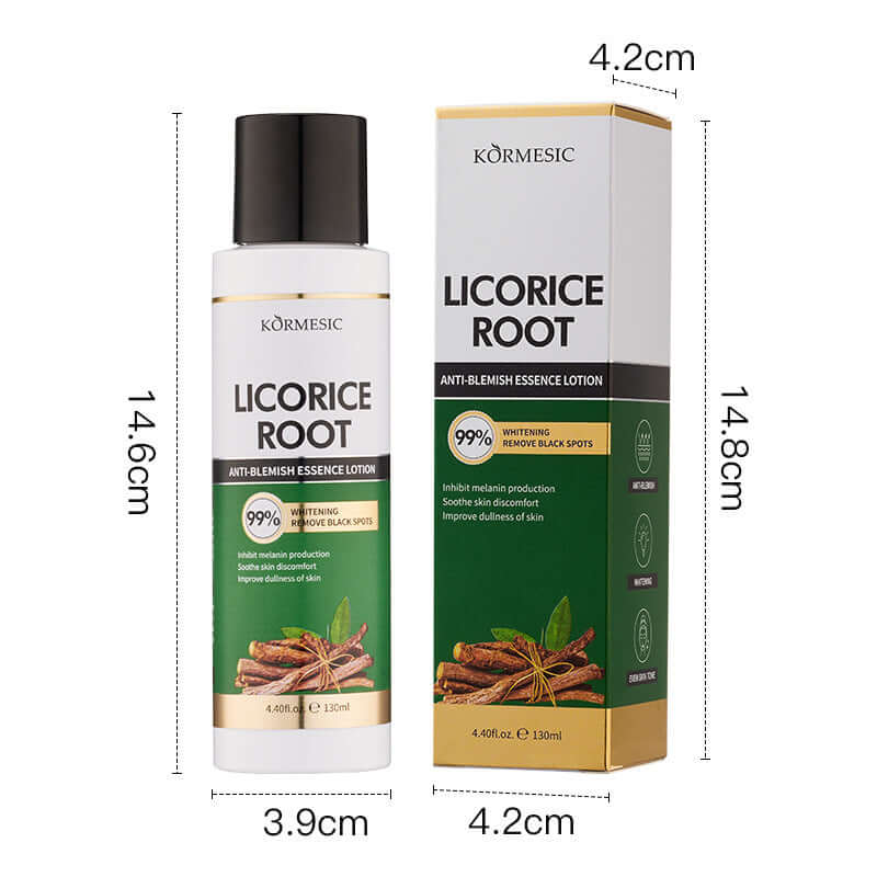 Licorice Root Anti-Blemish Essence Lotion by KORMESIC, 130ml bottle with box for effective skin spot treatment.