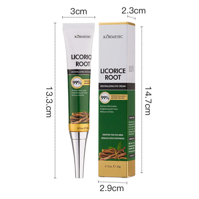 Licorice root revitalizing eye cream with 99% licorice extract for dark spots and puffiness reduction.
