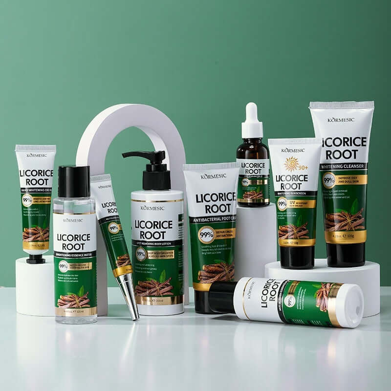 Skincare series featuring Licorice Root products including cleansers, creams, and essence for ladies' body care.