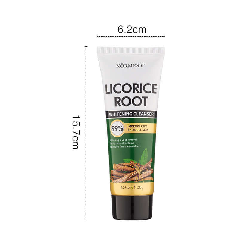Licorice root whitening cleanser in a 120g tube, designed to improve oily and dull skin, by Kormesic.