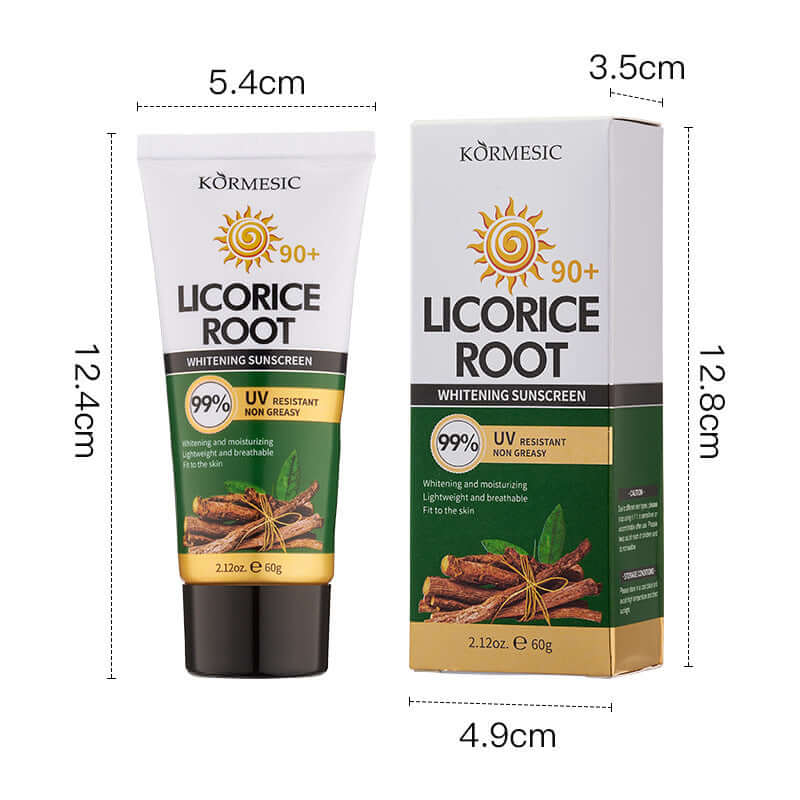 Licorice Root Whitening Sunscreen with UV protection, 60g tube, designed for skin lightening and moisture.