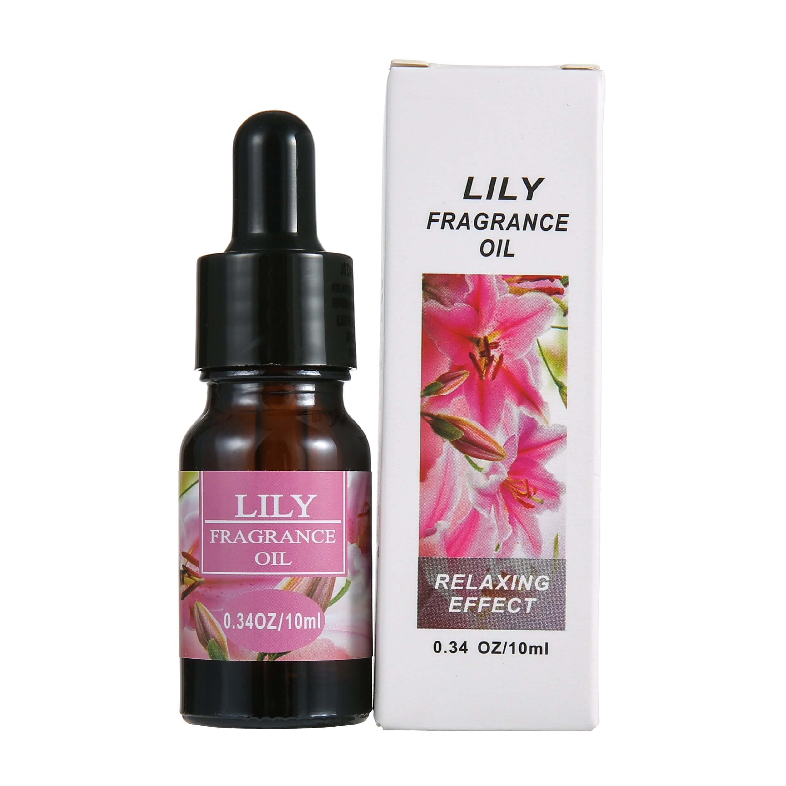 Lily fragrance oil bottle with box, 0.34 oz, promoting relaxing effects for aromatherapy.