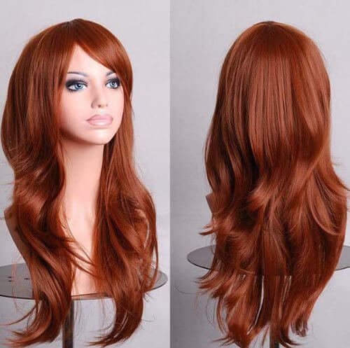 Long scroll anime cosplay wig in rich auburn color, perfect for costumes and themed events.