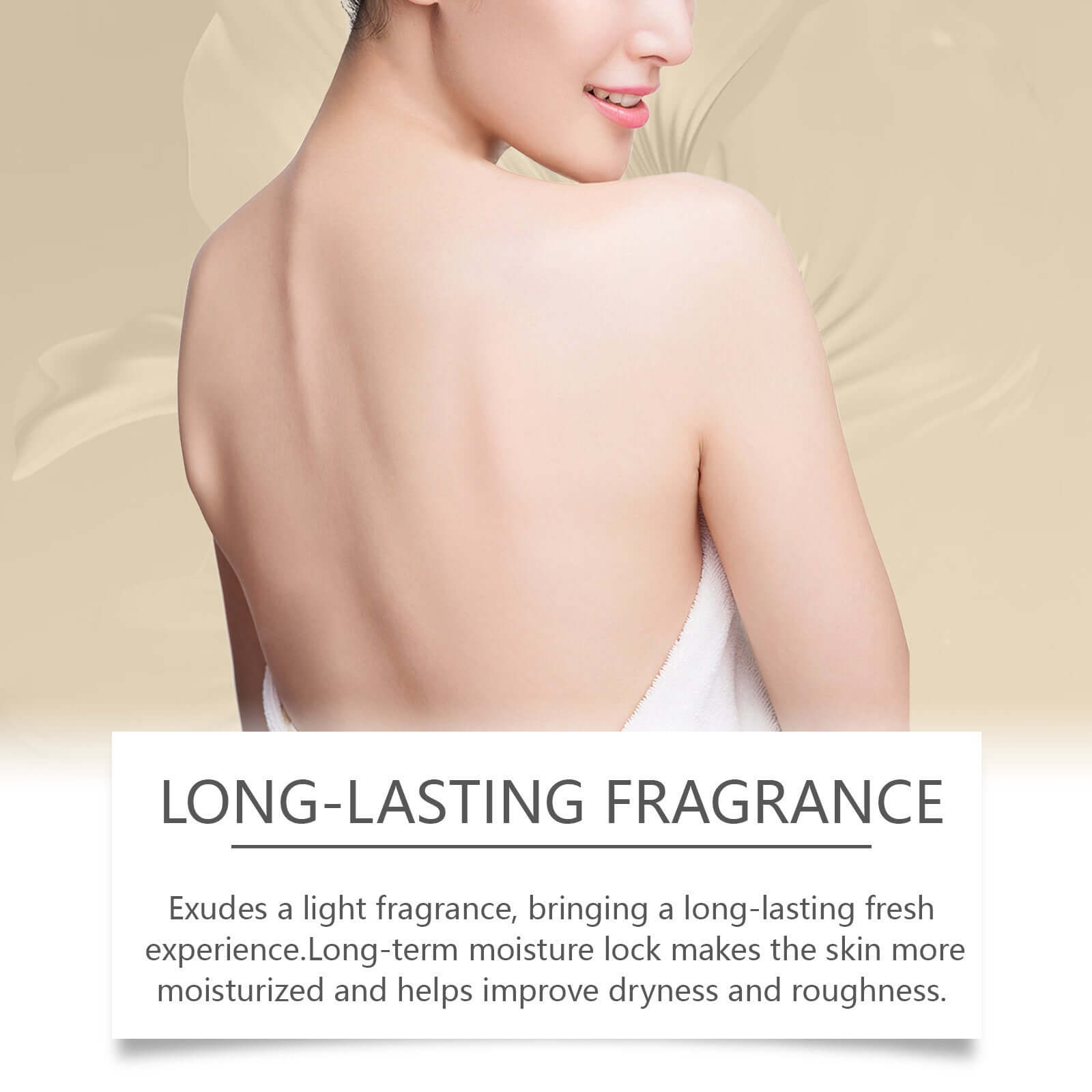 Woman's back showcasing long-lasting fragrance and moisturizing benefits of perfume body wash.