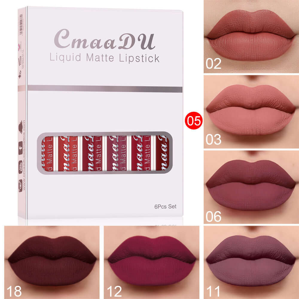 Cmaadu 6-piece Liquid Matte Lipstick set showcasing shades on lips, long-lasting, waterproof formula, multivitamin enriched.