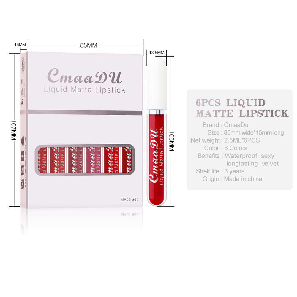 6 boxes of CmaaDU matte non-stick waterproof lip gloss with 6 vibrant colors, perfect for long-lasting wear.