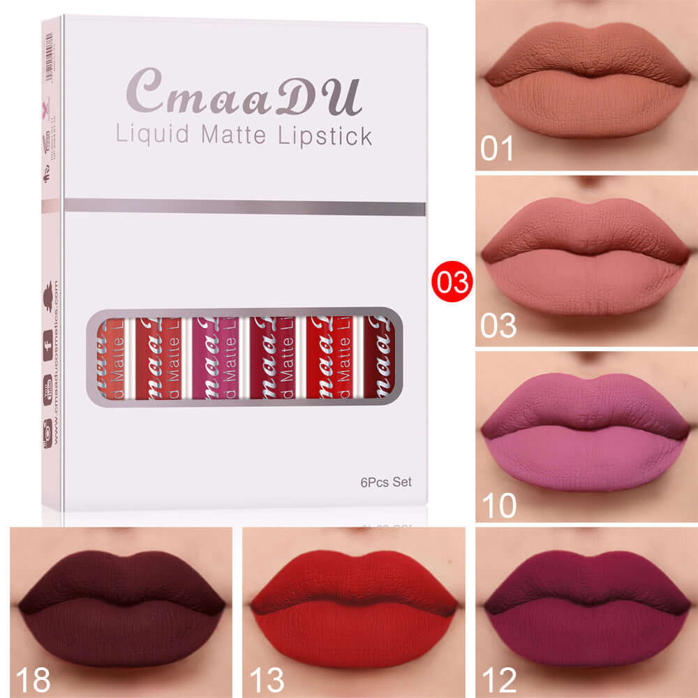 CmaaDU 6 Boxes Liquid Matte Lipstick set with swatches on lips in various shades, showing diverse colors and finishes.