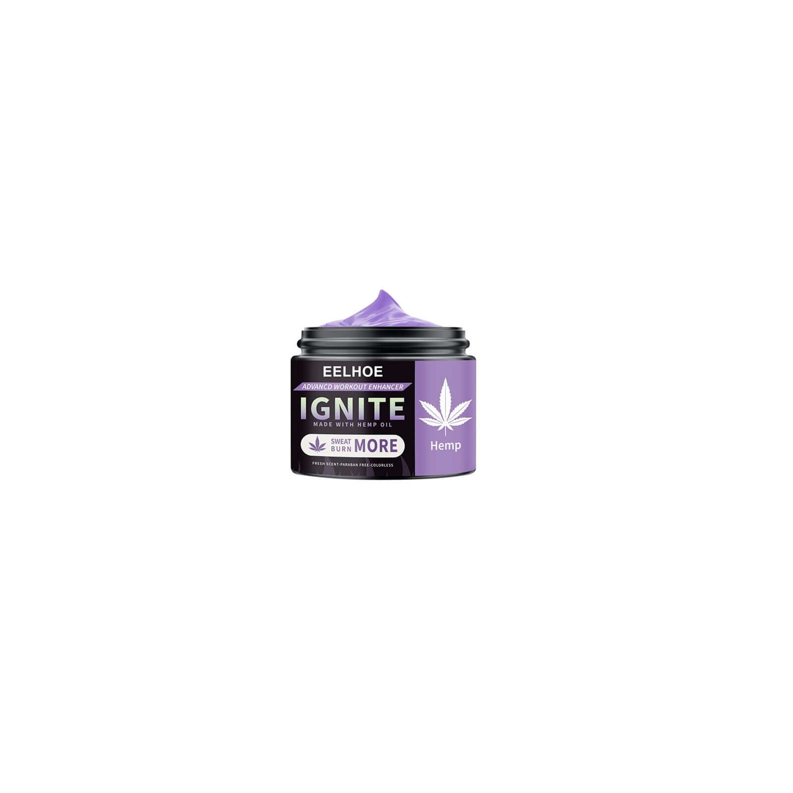 Men's abdominal strength cream in a black container with purple lid, featuring hemp extract and labeled Ignite.