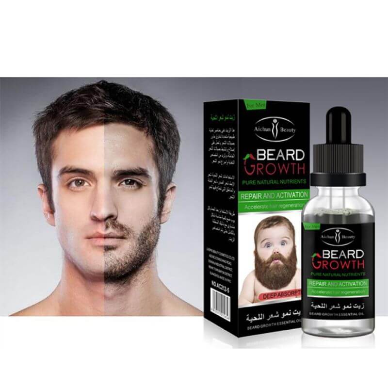 Beard growth essential oil bottle beside before and after image of beard growth results.