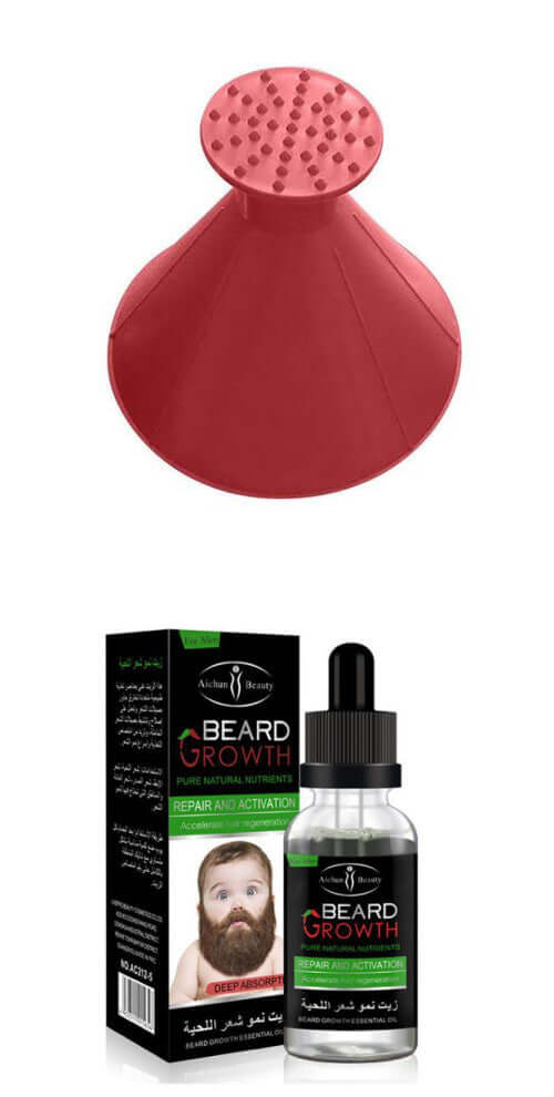 Beard growth essential oil with applicator cap and packaging for nourishing beard care.