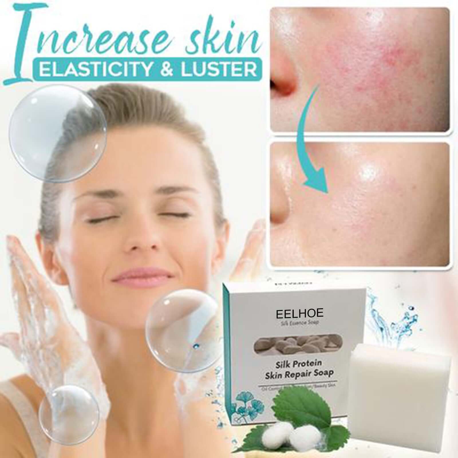 Woman using goat milk silk protein soap for skin elasticity and nourishment, highlighting before and after skin improvement.