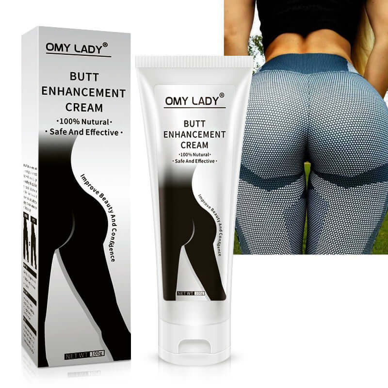 OMY LADY butt enhancement cream with plant extracts for lifting and volumizing buttocks, shown next to a model's backdrop.