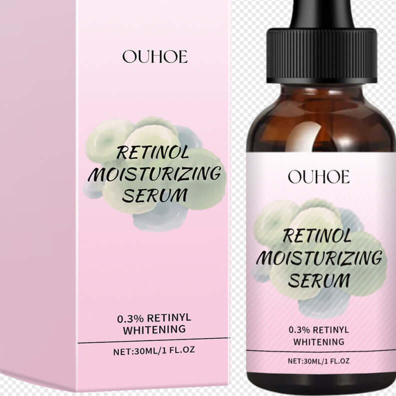Retinol moisturizing serum with 0.3% retinyl for anti-aging and whitening in pink packaging.