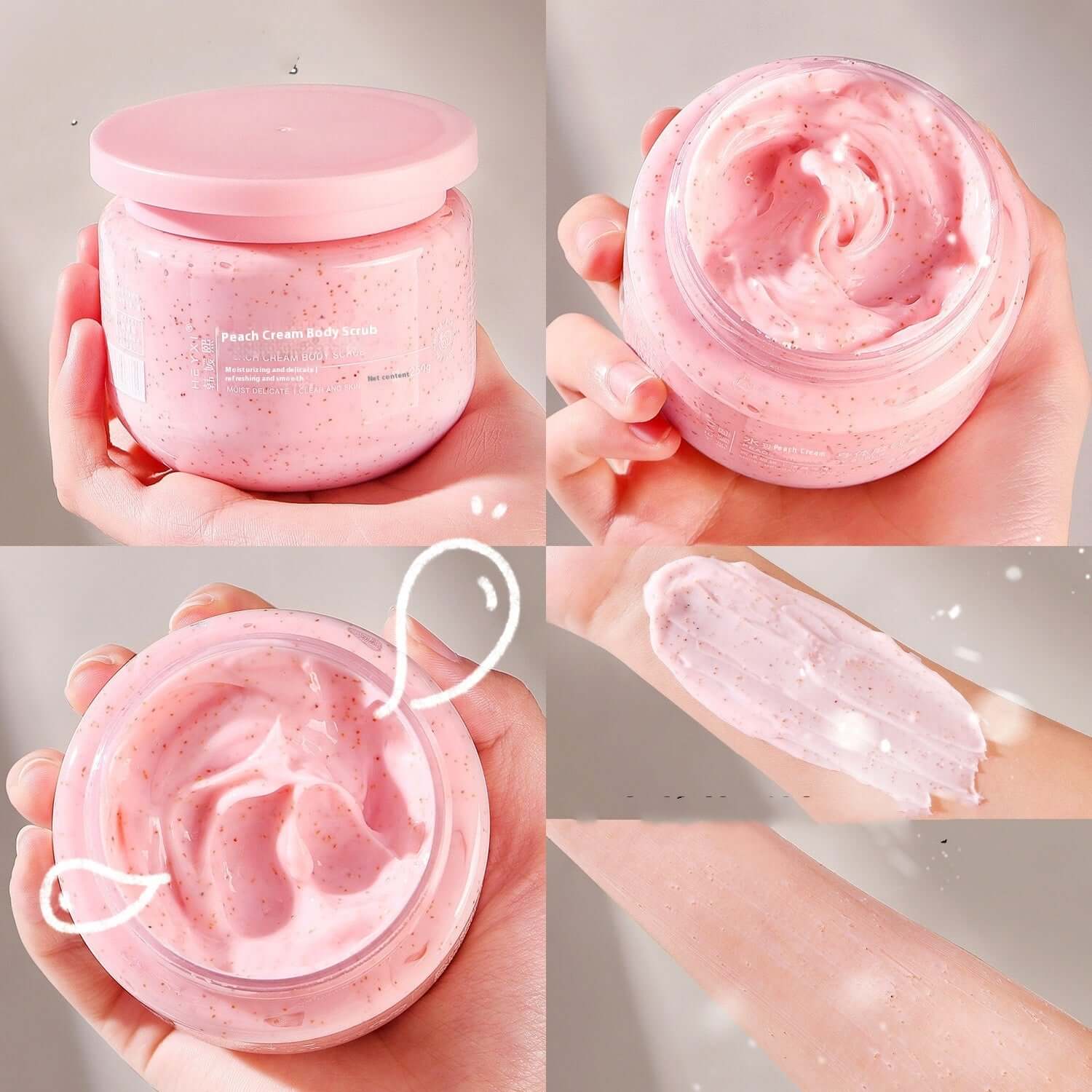Peach Cream Body Scrub in a pink jar, showcasing creamy texture and application on skin, perfect for all skin types.