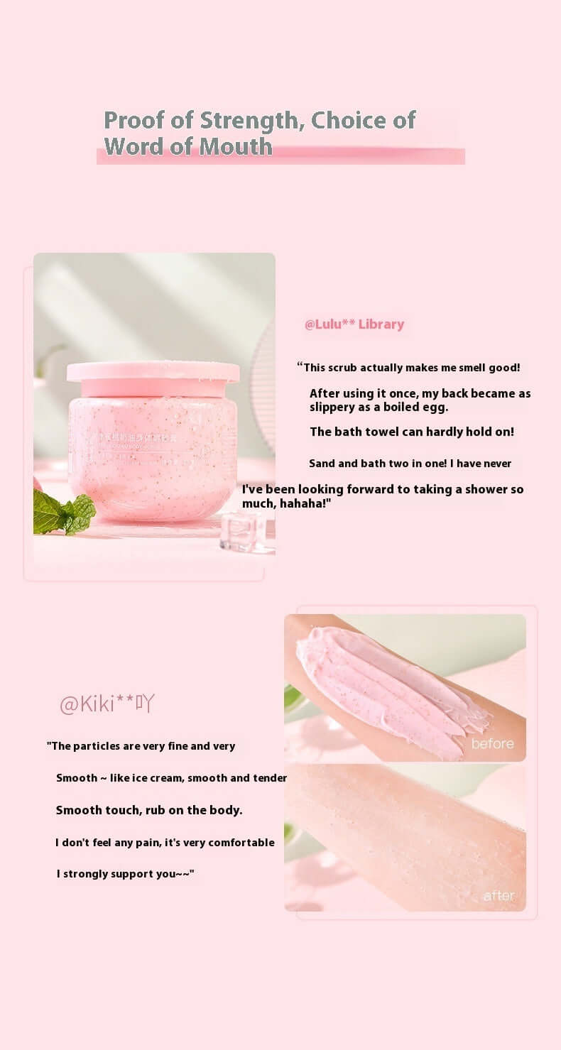 Peach Cream Body Scrub in jar, showcasing its texture and user testimonials about its effectiveness on various skin types.