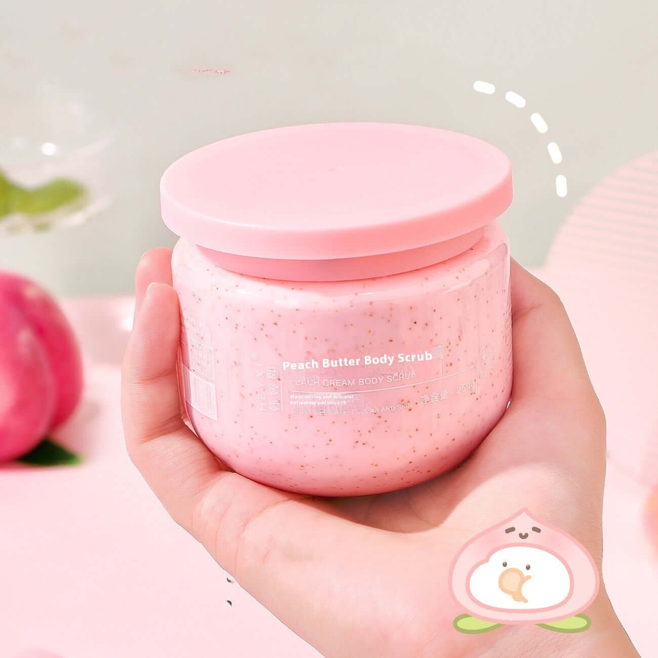 Peach Cream Body Scrub in a pink jar, suitable for all skin types. Ideal for exfoliating and moisturizing skin.