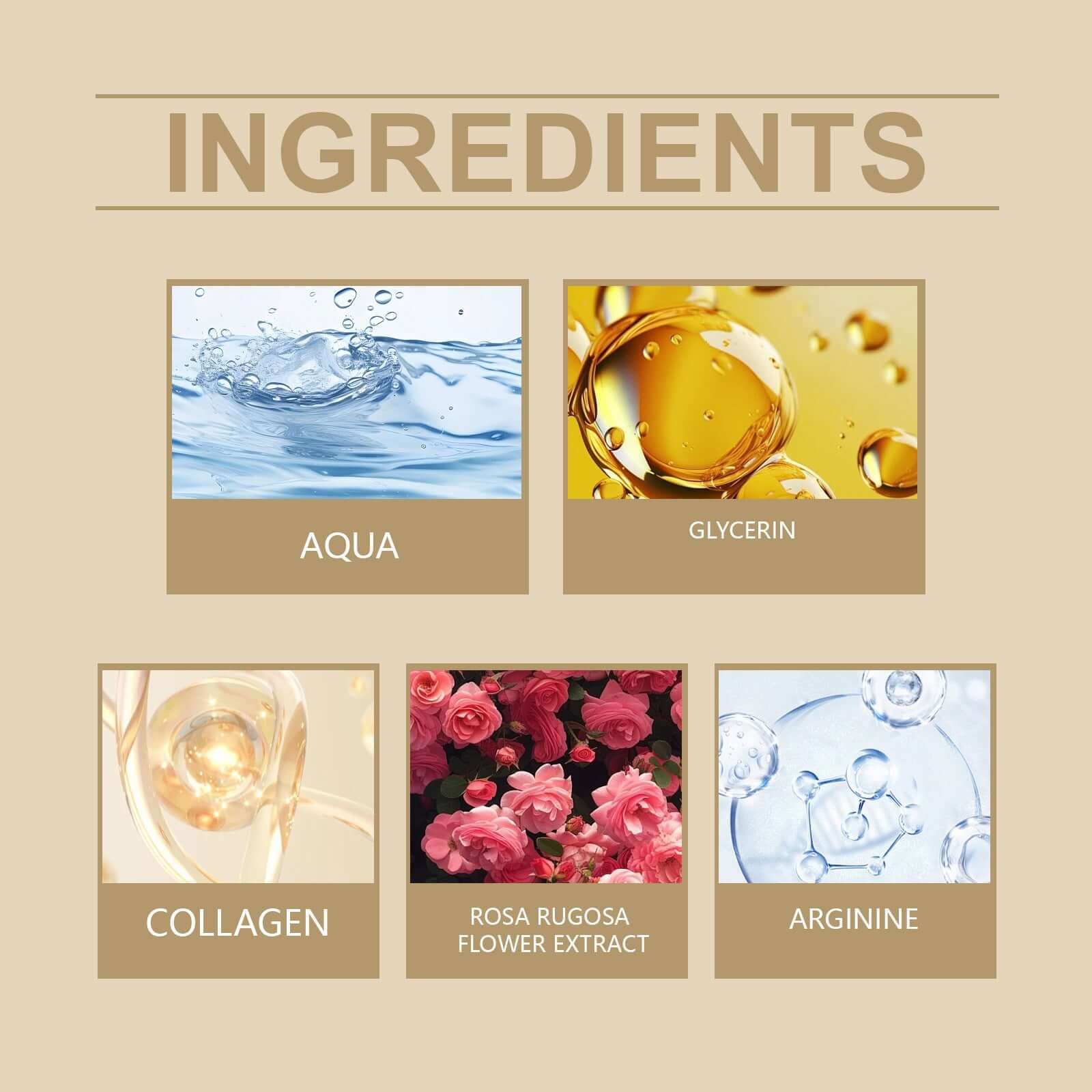 Ingredients for Perfume Moisturizing Body Wash: Aqua, Glycerin, Collagen, Rosa Rugosa Flower Extract, Arginine.