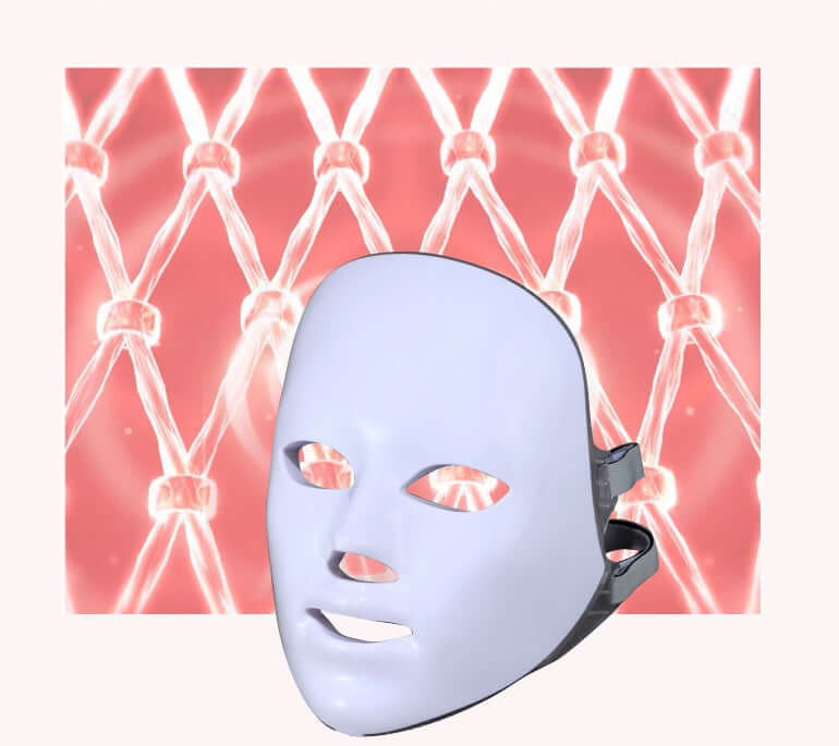 Photon skin rejuvenation LED mask for home use, suitable for ages 16-60, minimalistic design on a vibrant background.