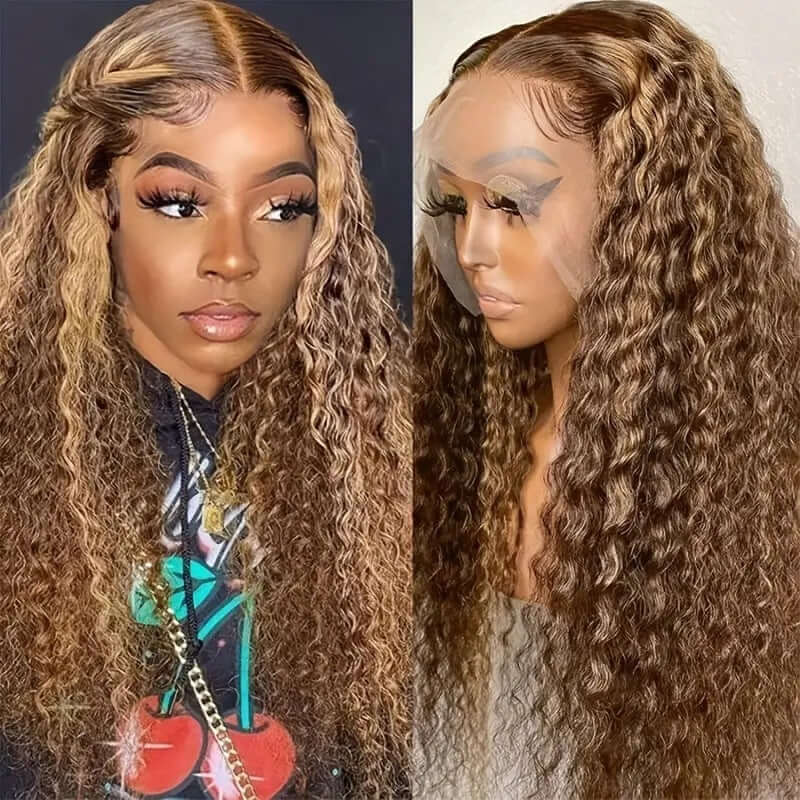 Long curly front lace wig in piano color, showcasing versatility for any face type and skin tone.