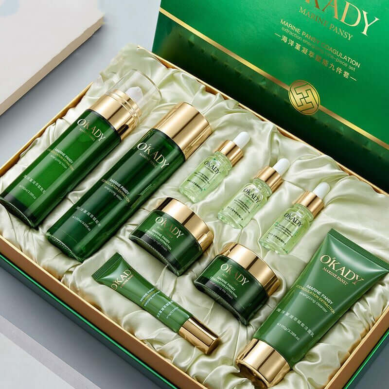 OKADY Marine Aloe Vera skincare set with moisturizing and brightening products in elegant packaging.