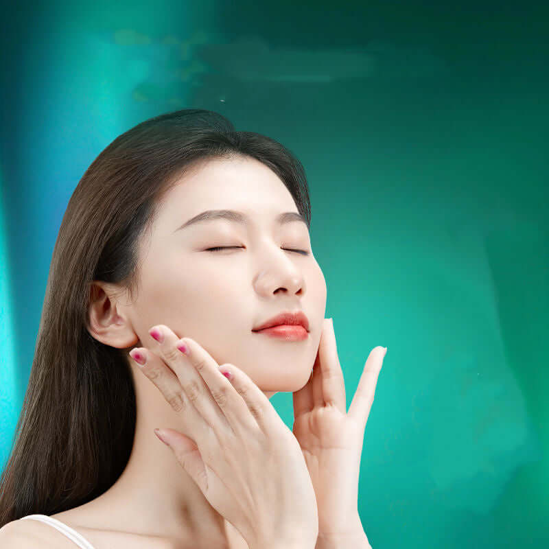 Woman applying plant skin care product, enhancing hydration and soothing skin with energizing marine ingredients.