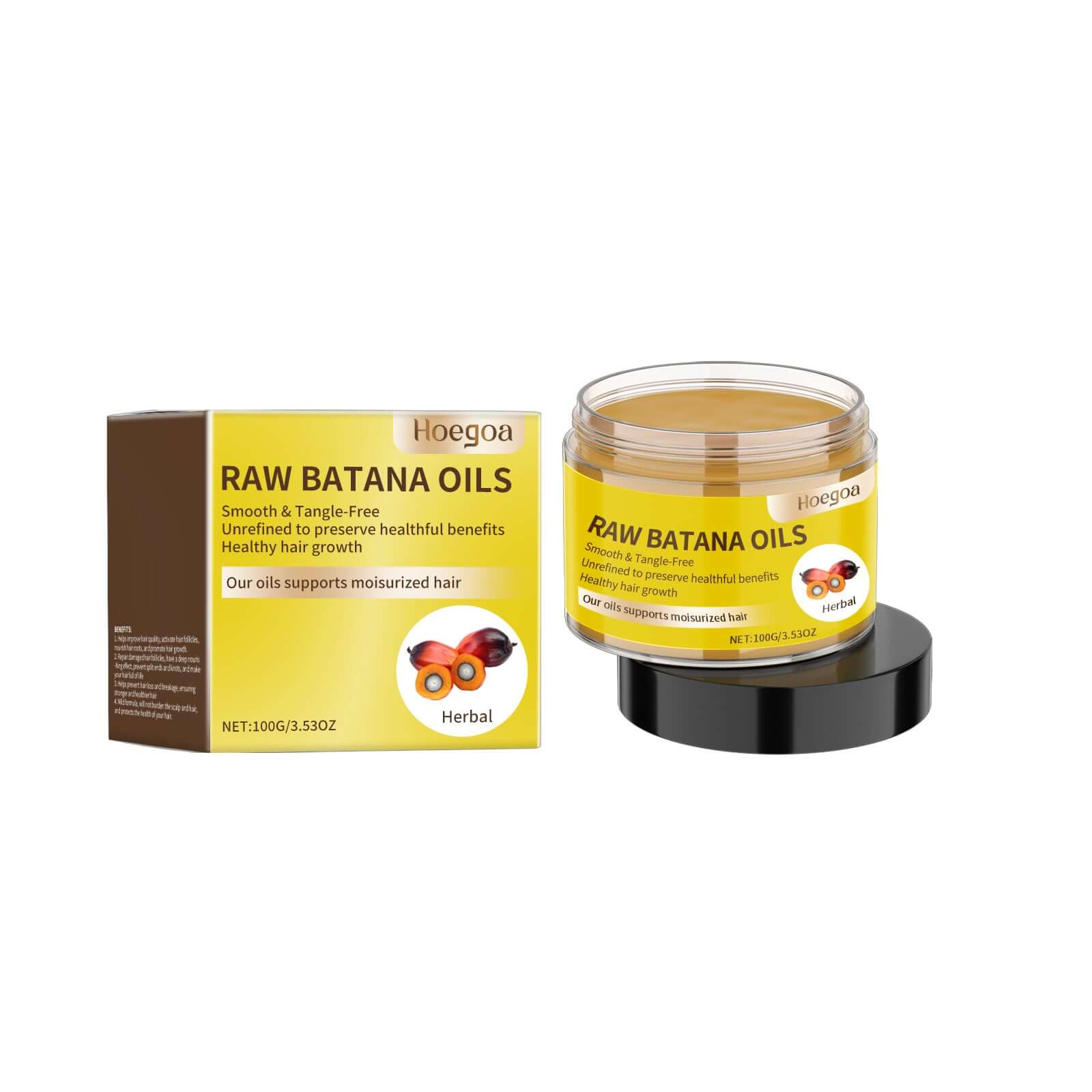 Raw Batana Oils product with packaging, promoting smooth, tangle-free hair and healthy hair growth benefits.