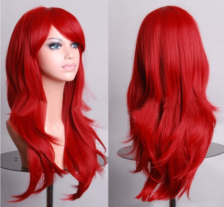 Long red anime cosplay wig displayed front and back, perfect for cosplay enthusiasts seeking vibrant styles.