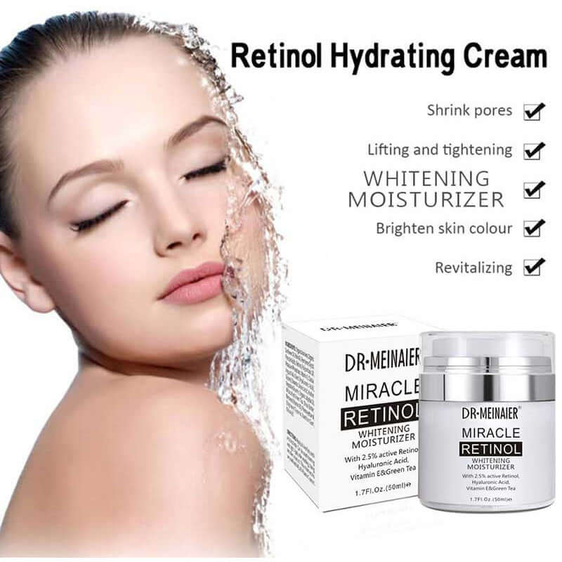 Retinol Hydrating Cream for shrinking pores, whitening moisturizer, and brightening skin tone. Revitalizing skincare product.